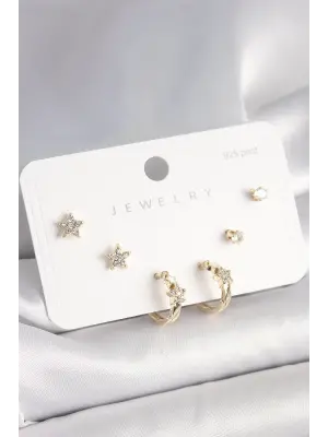 925 Ayar Çivi Pirinç Gold Renk Zirkon Taşlı Yıldız Model Kadın Küpe Seti