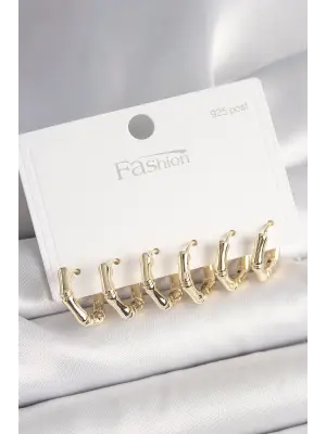 925 Ayar Gümüş Çivi Pirinç Gold Renk Bambu Halka Model Kadın Küpe Seti