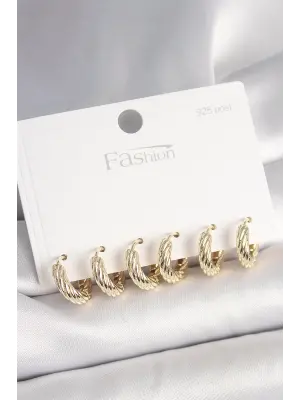 925 Ayar Gümüş Çivi Pirinç Gold Renk İşlemeli Halka Model Kadın Küpe Seti