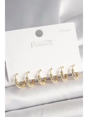 925 Ayar Gümüş Çivi Pirinç Gold Renk Kalp İşlemeli Halka Model Kadın Küpe Seti