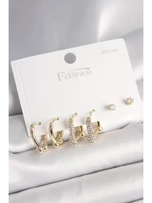 925 Ayar Gümüş Çivi Pirinç Gold Renk Tiffany Halka Model Kadın Küpe Seti