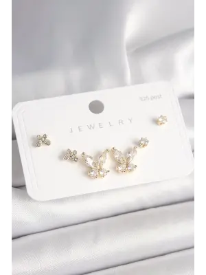 925 Ayar Gümüş Çivi Pirinç Gold Renk Zirkon Taşlı Kelebek Model Kadın Küpe Seti