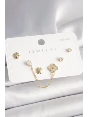 925 Ayar Gümüş Çivi Pirinç Gold Renk Zirkon Taşlı Yonca Model Sallantı Zincir Detay Kadın Küpe Seti