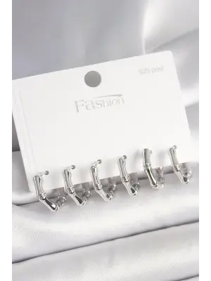 925 Ayar Gümüş Çivi Pirinç Gümüş Renk Bambu Halka Model Kadın Küpe Seti