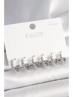 925 Ayar Gümüş Çivi Pirinç Gümüş Renk Sarmal Halka Model Kadın Küpe Seti