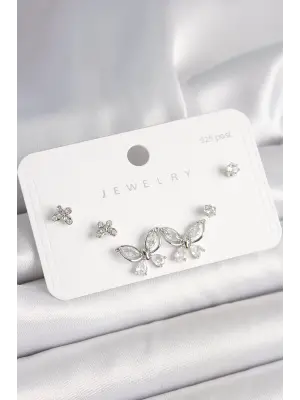 925 Ayar Gümüş Çivi Pirinç Gümüş Renk Zirkon Taşlı Kelebek Model Kadın Küpe Seti
