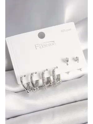 925 Ayar Gümüş Çivi Pirinç Gümüş Renk Zirkon Taşlı Tiffany Halka Model Kadın Küpe Seti