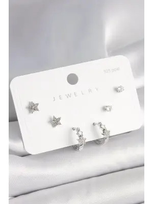 925 Ayar Gümüş Çivi Pirinç Gümüş Renk Zirkon Taşlı Yıldız Model Kadın Küpe Seti