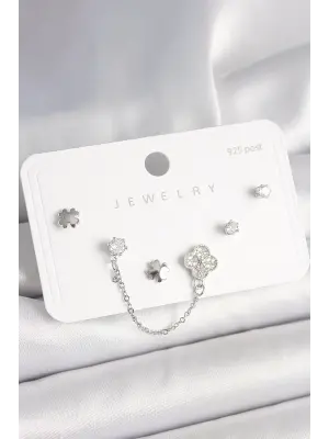 925 Ayar Gümüş Çivi Pirinç Gümüş Renk Zirkon Taşlı Yonca Model Sallantı Zincir Detay Kadın Küpe Seti