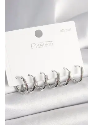 925 Ayar Gümüş Çivi Pirinç Oval Halka Model Kadın Küpe Seti