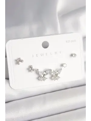 925 Ayar Gümüş Çivi Pirinç Zirkon Taşlı Kelebek Model Kadın Küpe Seti