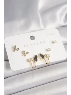 925 Ayar Gümüş Çivi Pirinç Zirkon Taşlı Kelebek Model Kadın Küpe Seti