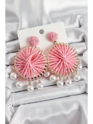 Açık Pembe Hasır Örgü Sarmal Model Sallantılı İnci Detaylı Gold Renk Kadın Küpe