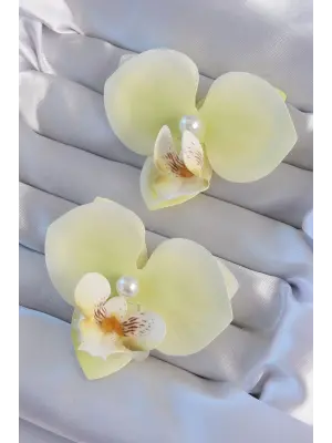 Açık Sarı Renk İnci Detay Orkide Çiçeği Küpe