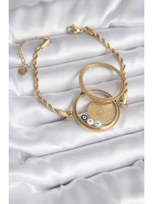 Açılabilir 316L Çelik Gold Renk Burgu Zincir Fanus Çeyrek Model Kadın Bileklik