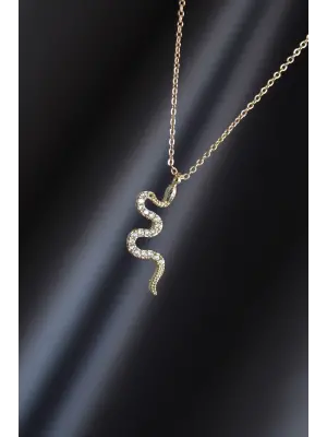 Altın Renk Metal Zirkon Taşlı Yılan Kolye