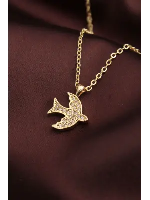 Altın Renk Zirkon Taşlı Kuş Kolye