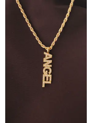 Altın Renk Zirkon Taşlı Melek Yazılı Kolye