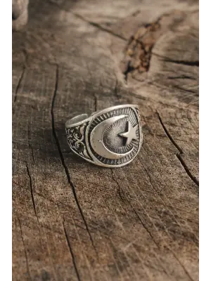 Antik Gümüş Renk Ay Yıldız İşleme Ayarlanabilir Erkek Yüzük