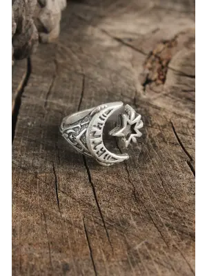 Antik Gümüş Renk Ay Yıldız Model Göktürkçe Türk İşleme Ayarlanabilir Erkek Yüzük