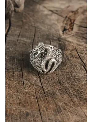 Antik Gümüş Renk Ejderha Motif Ayarlanabilir Erkek Yüzük