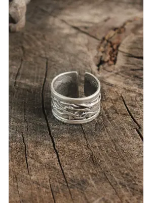 Antik Gümüş Renk Motif İşleme Ayarlanabilir Erkek Yüzük