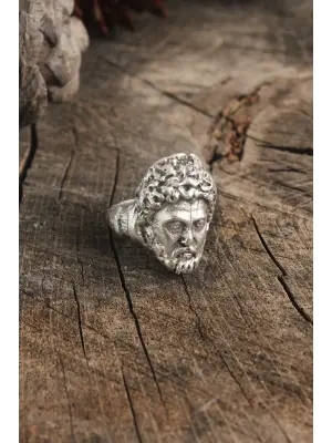 Antik Gümüş Renk Sokrates Yüzü Model Ayarlanabilir Erkek Yüzük