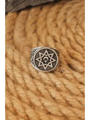 Antik Gümüş Renk Yıldız İçi Ay Yıldız Ayarlanabilir Erkek Yüzük