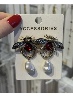 Arı Figürlü Yakut Taşlı Eskitme Bohem Siyah Kadın Küpe