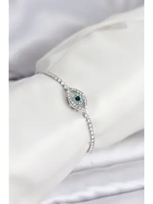 Asansörlü Ayarlanabilir Göz Nazar Motifli Çelik Kadın Bileklik Gümüş