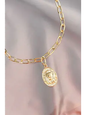 Aslan Figürlü Gold Metal Zincirli Kadın Kolye