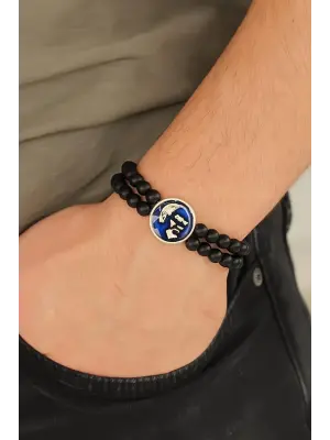 Atatürk Portre Figürlü Lacivert Metal Aksesuarlı Siyah Oniks Doğal Taş Erkek Bileklik