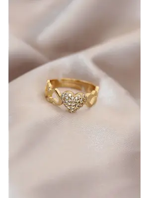 Ayarlamalı Altın Renk Metal Zirkon Taşlı Bombeli Kalp Model Yüzük