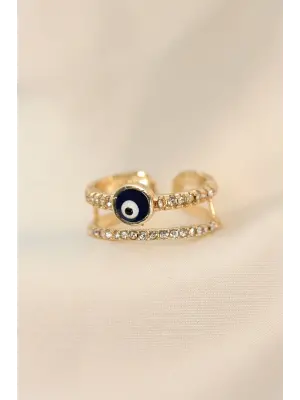 Ayarlamalı Altın Renk Nazar Boncuk Detay Zirkon Taşlı Yüzük