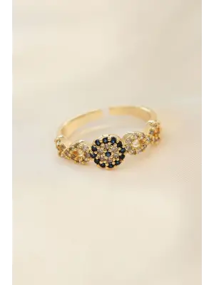 Ayarlamalı Altın Renk Nazar Boncuk Detay Zirkon Taşlı Yüzük