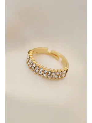 Ayarlamalı Altın Metal Çift Sıra Zirkon Taşlı Yüzük