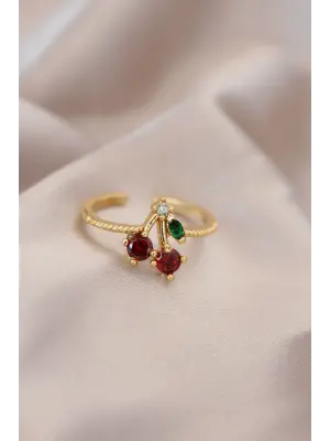 Ayarlamalı Altın Metal Renkli Zirkon Taşlı Kiraz Yüzük