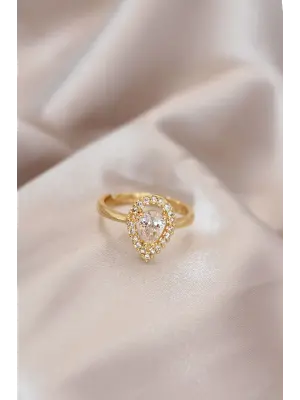 Ayarlamalı Altın Metal Zirkon Taşlı Damla Model Yüzük