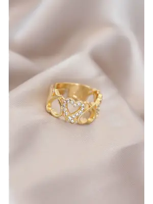 Ayarlamalı Gold Renk Metal Zirkon Taşlı Kalp Model Yüzük