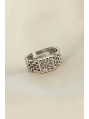 Ayarlamalı Gümüş Renk Kare Zirkon Taşlı Yüzük