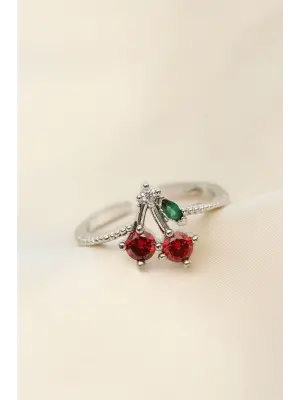 Ayarlamalı Gümüş Kristal Taşlı Kiraz Yüzük
