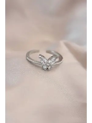 Ayarlamalı Gümüş Metal Zirkon Taş ve Kristal Taşlı Kelebek Model Yüzük