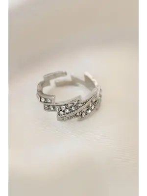 Ayarlamalı Gümüş Renk Metal Zirkon Taşlı Zikzak Yüzük