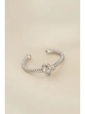 Ayarlamalı Gümüş Renk Zirkon Taşlı Damla Detay Yüzük