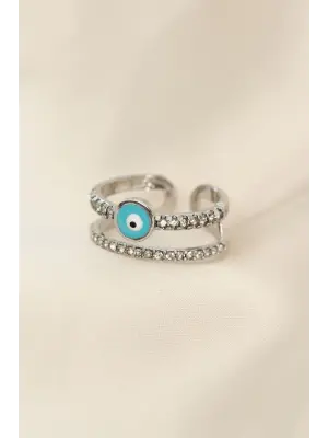 Ayarlamalı Silver Renk Nazar Boncuk Detay Zirkon Taşlı Yüzük