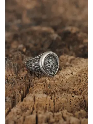 Ayarlamalı Tuğra Tasarımlı Cihan Yazılı Erkek Yüzük