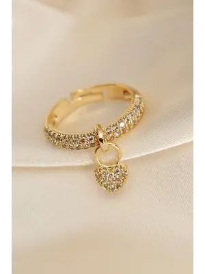 Ayarlanabilir Gold Renk Zirkon Taşlı Kalp Yüzük