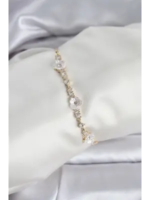 Baget Zirkon Taşlı Çiçek Model Gold Renk Asansörlü Kadın Bileklik