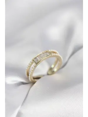 Baget Zirkon Taşlı Gold Renk İncili Kadın Yüzük