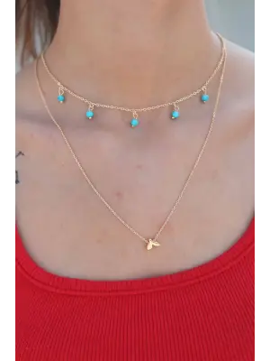 Balık Kuyruğu Figürlü Mavi Boncuklu Gold Renk Kadın Kolye